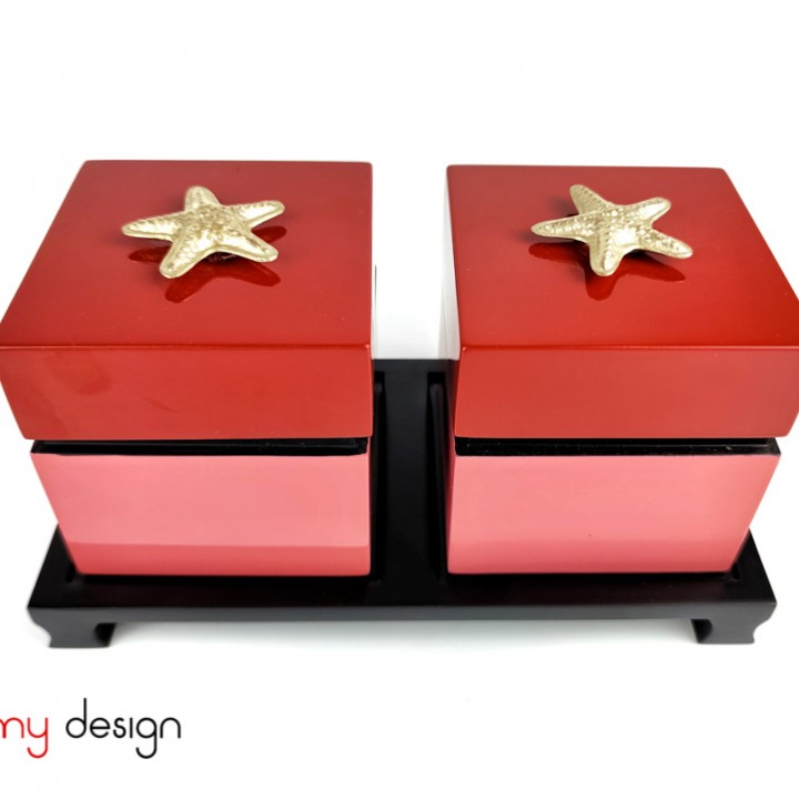 Set of 2 pink/red square boxes 10cm attached with starfish included with stand